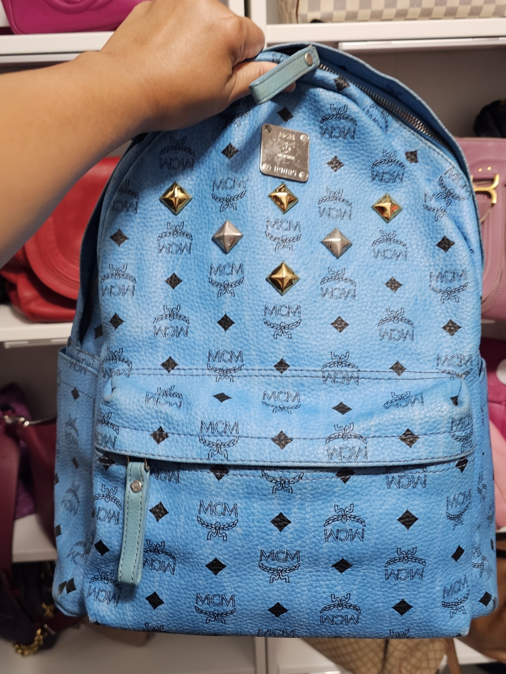 MCM Sky Blue Monogram Studded Backpack